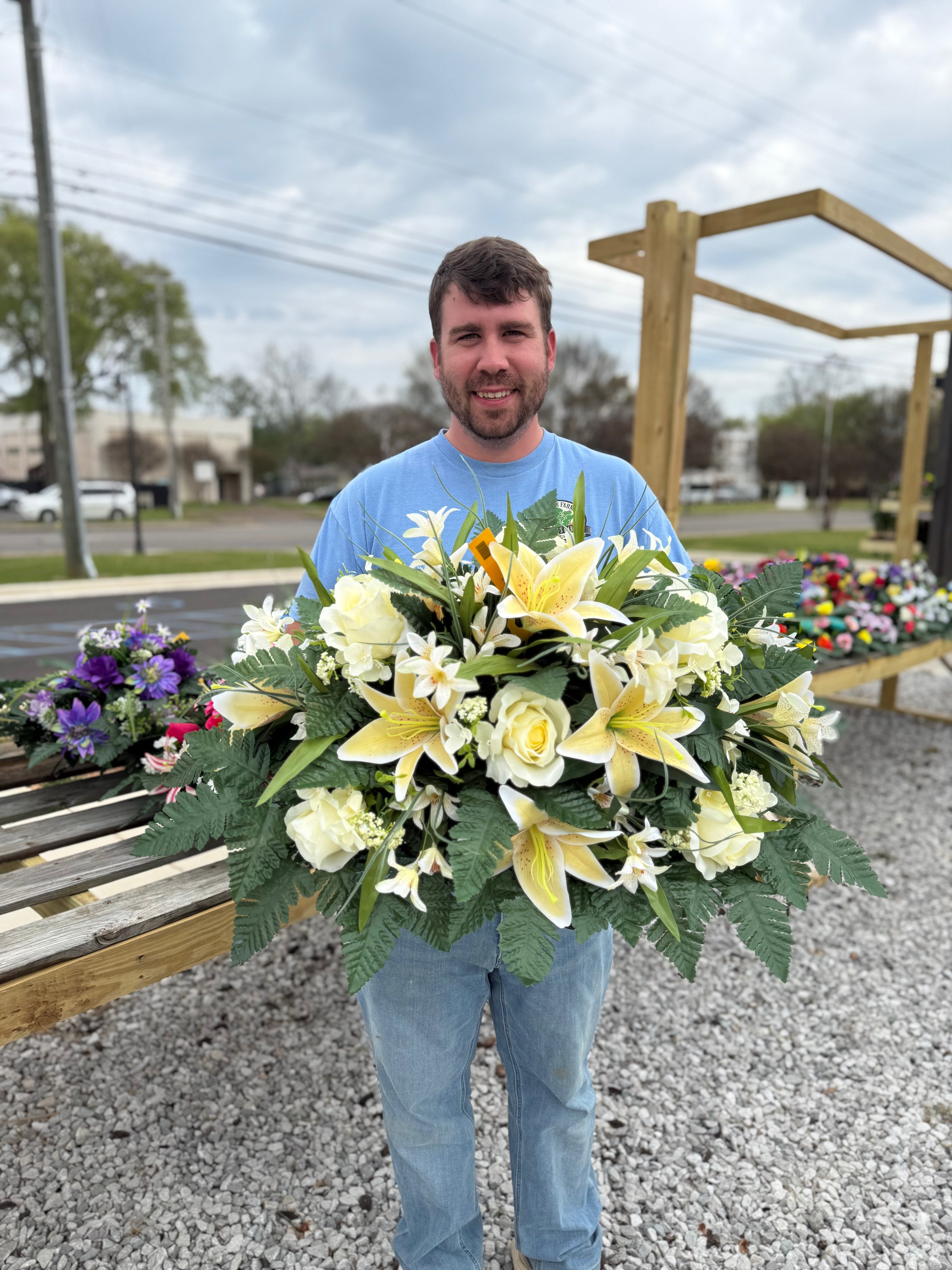 Cemetery Arrangements - Large Saddle (White Lilly/Roses)