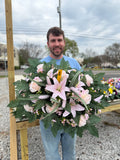 Cemetery Arrangements - Large Saddle (Pink Lilly/Roses)