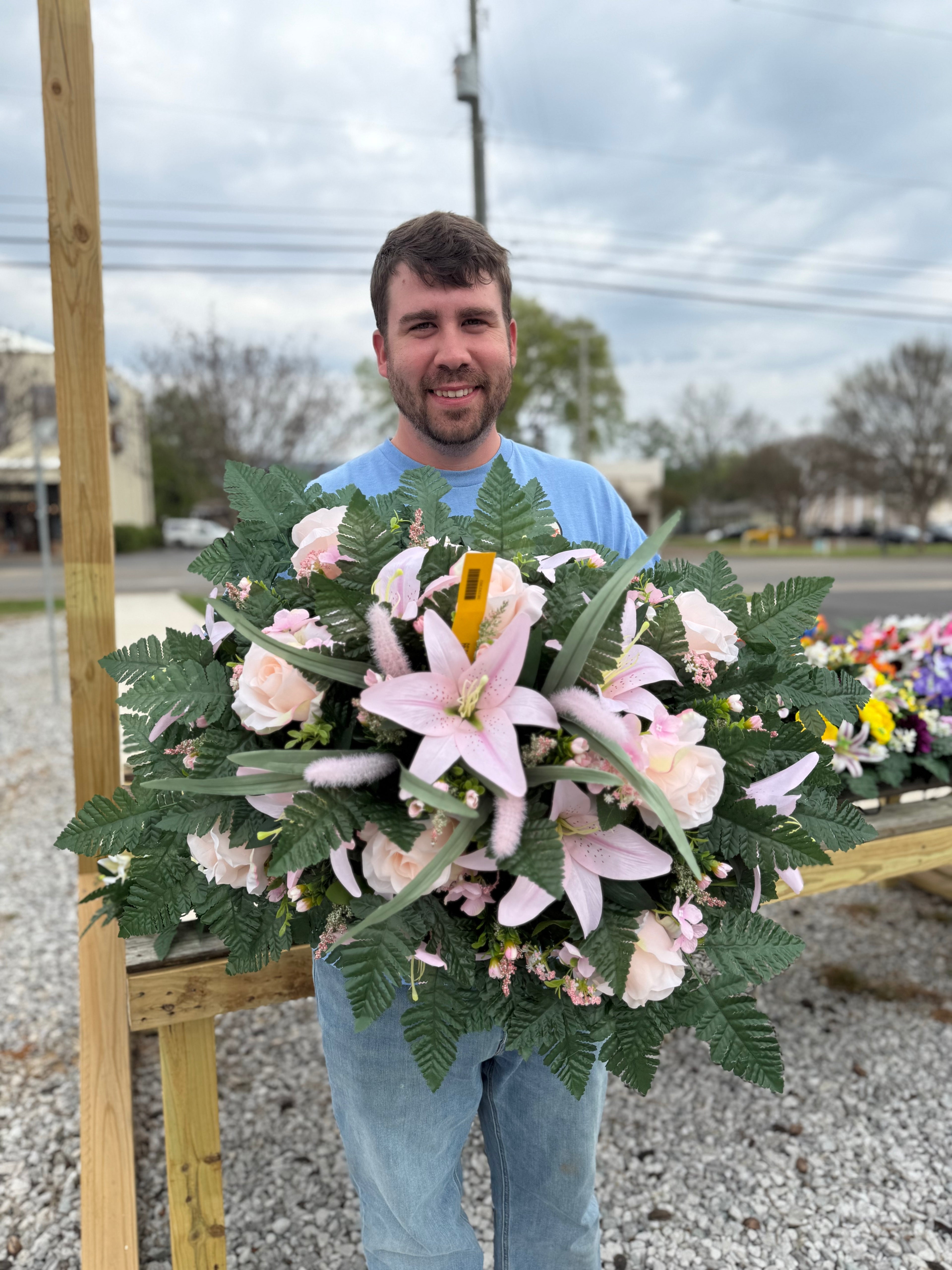 Cemetery Arrangements - Large Saddle (Pink Lilly/Roses)