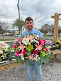 Cemetery Arrangements - Large Saddle (Pink Lilly / Red Roses / White)