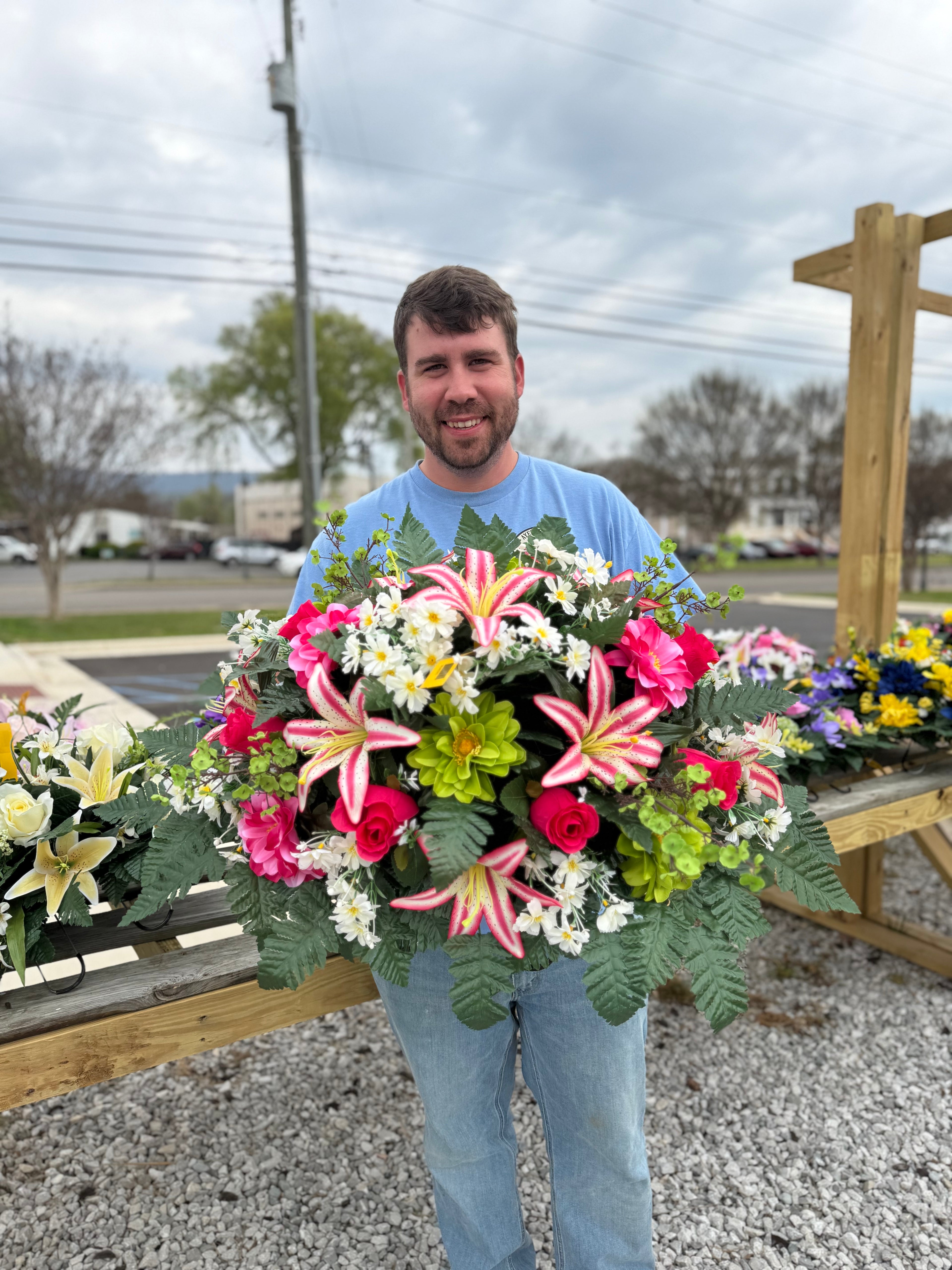 Cemetery Arrangements - Large Saddle (Pink Lilly / Red Roses / White)
