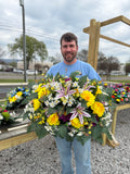 Cemetery Arrangements - Large Saddle (White & Purple Lilly/ Yellow Gerber)