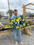 Cemetery Arrangements - Large Saddle (Blue Lilly / Yellow and White)