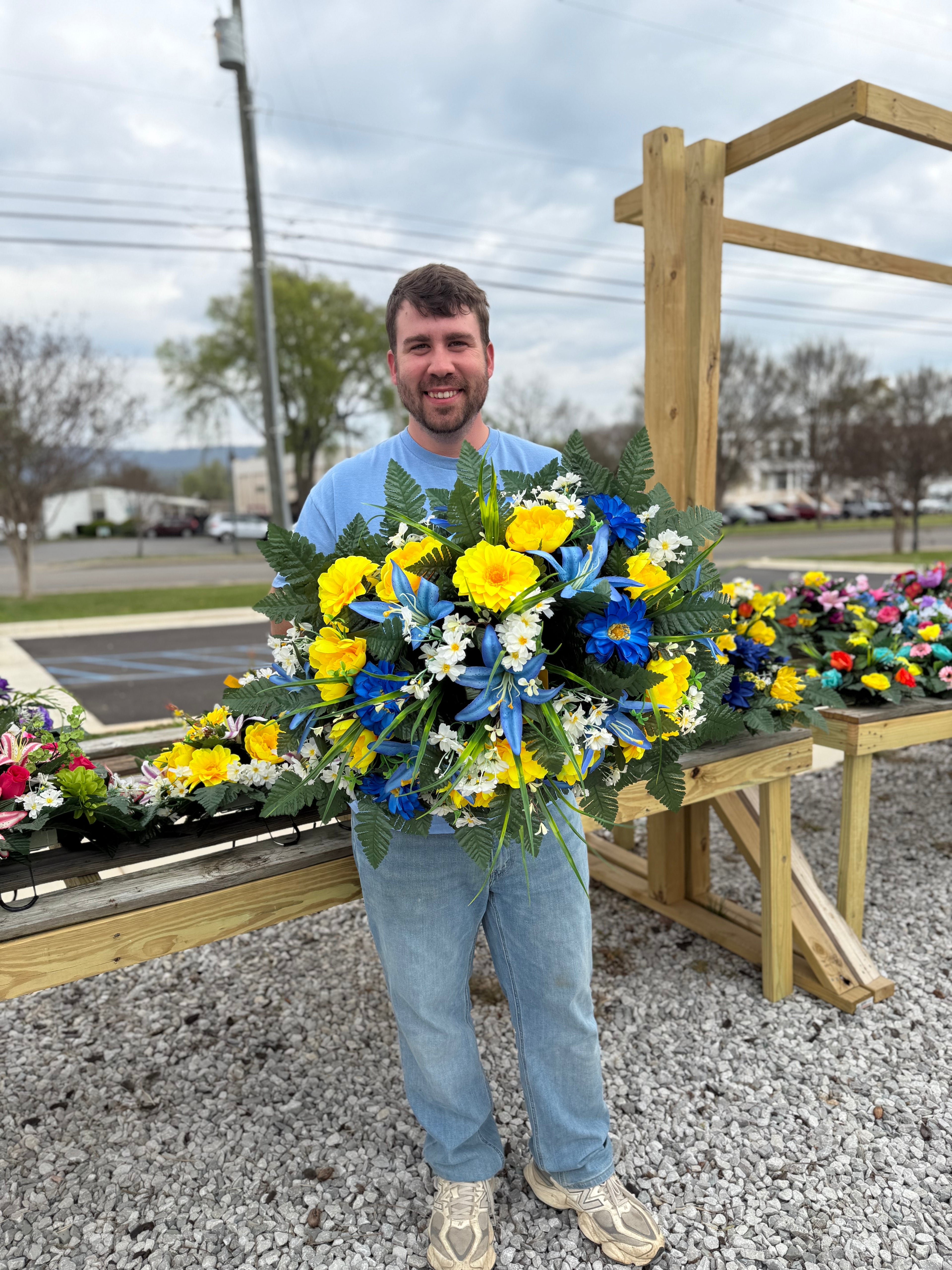 Cemetery Arrangements - Large Saddle (Blue Lilly / Yellow and White)