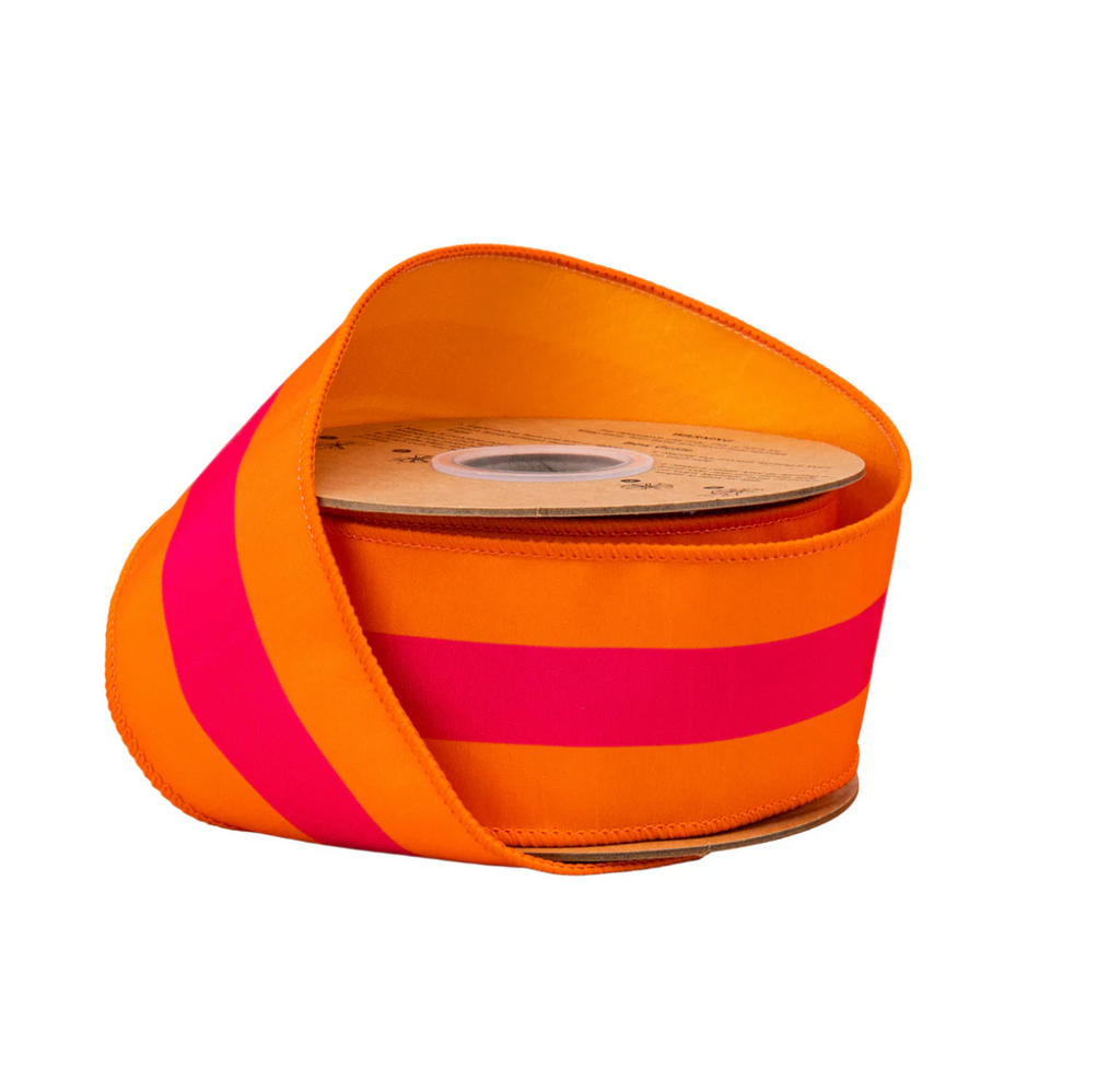 2 1/2" Wired Dupioni Ribbon | Pink on Orange Center Stripe w/ Orange Backing | 10 yard roll