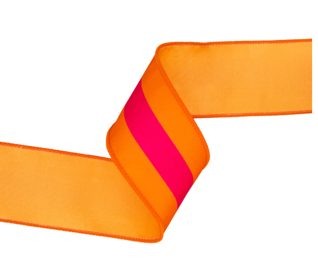 2 1/2" Wired Dupioni Ribbon | Pink on Orange Center Stripe w/ Orange Backing | 10 yard roll