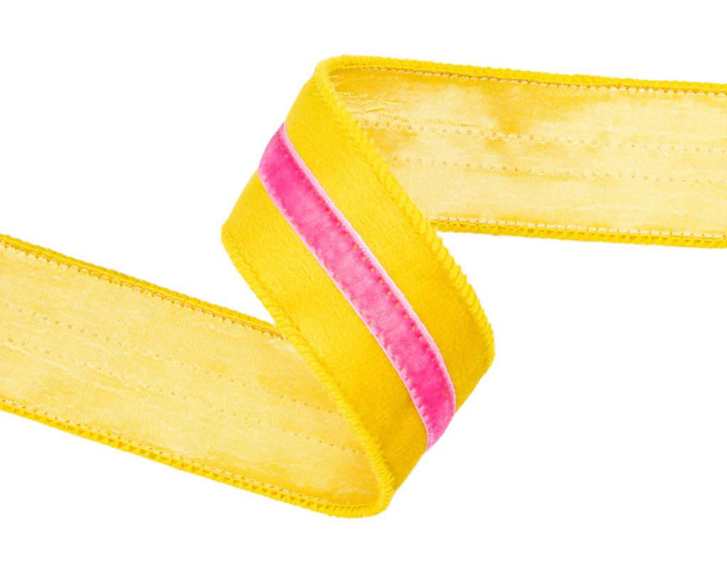 1 1/2" Wired Velvet Ribbon w/ Trim | Yellow w Pink Trim | 10 Yard Roll