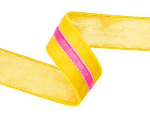 1 1/2" Wired Velvet Ribbon w/ Trim | Yellow w Pink Trim | 10 Yard Roll