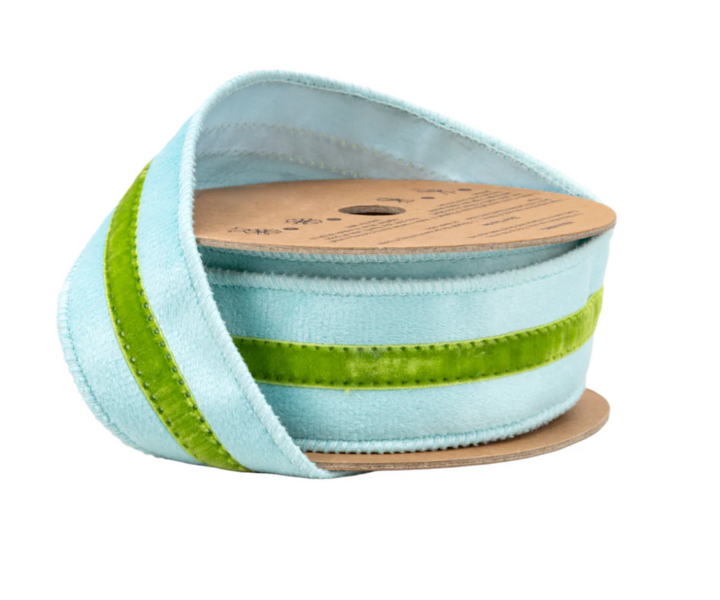 1 1/2" Wired Velvet Ribbon w/ Trim | Blue w/ Green Trim | 10 Yard Roll