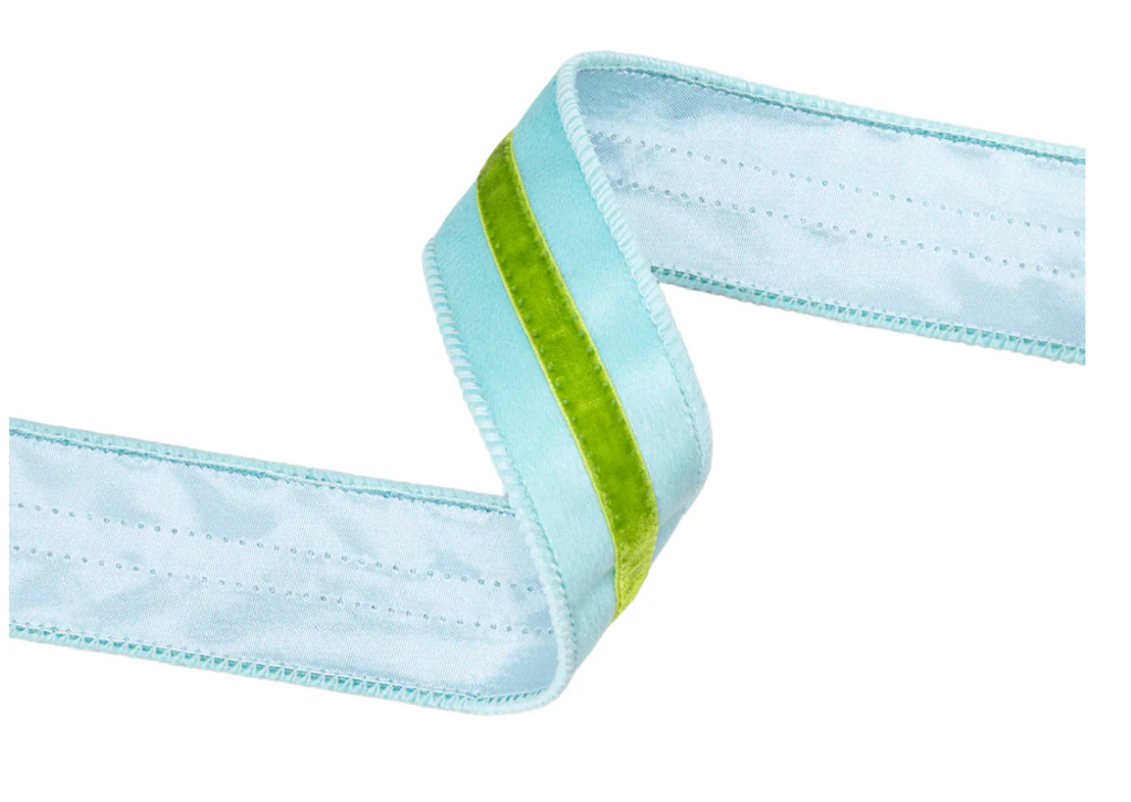 1 1/2" Wired Velvet Ribbon w/ Trim | Blue w/ Green Trim | 10 Yard Roll