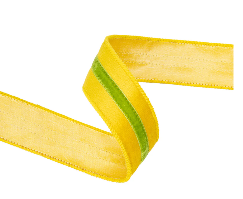 1 1/2" Wired Velvet Ribbon w/ Trim | Yellow w/ Green Trim | 10 Yard Roll