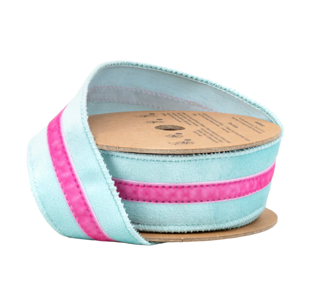 1 1/2" Wired Velvet Ribbon w/ Trim | Blue w/ Pink Trim | 10 Yard Roll