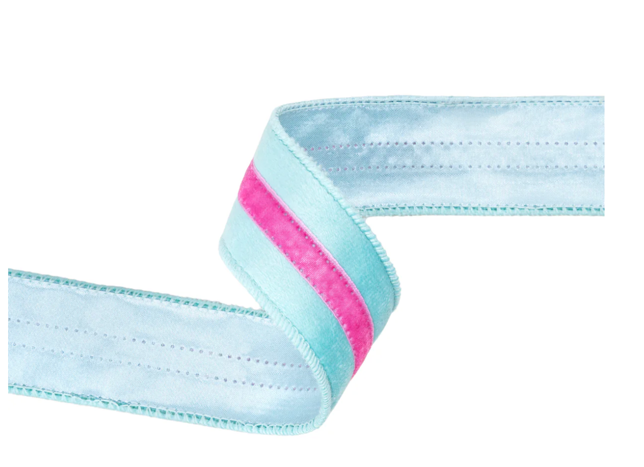 1 1/2" Wired Velvet Ribbon w/ Trim | Blue w/ Pink Trim | 10 Yard Roll