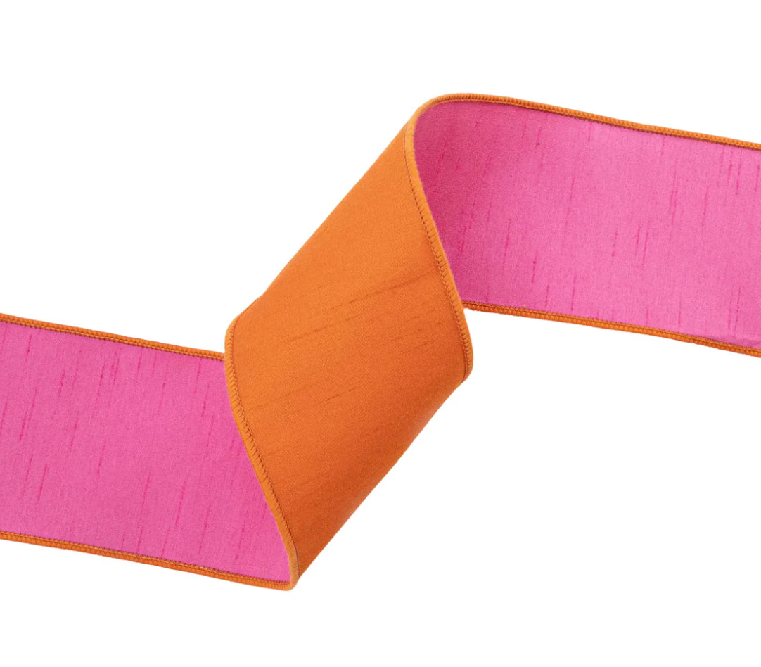 4" Wired Double-fused Dupioni Ribbon | Orange/Hot Pink | 10 Yard Roll