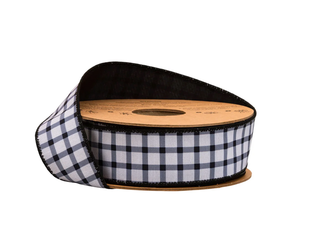 1 1/2" Wired Dupioni Ribbon | Black Grid on White w/Black Backing | 10 Yard Roll