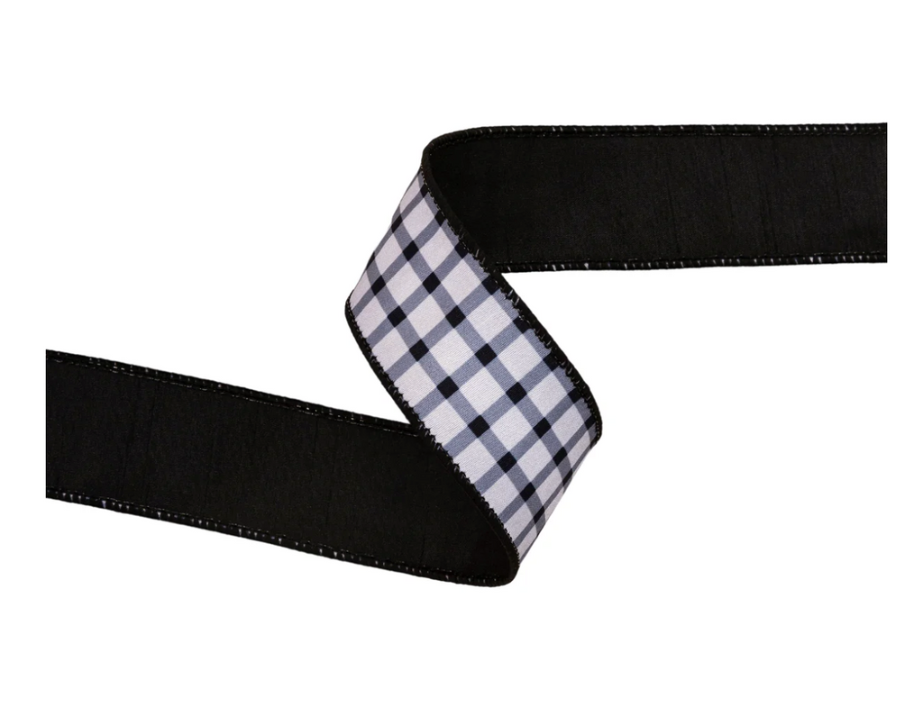 1 1/2" Wired Dupioni Ribbon | Black Grid on White w/Black Backing | 10 Yard Roll
