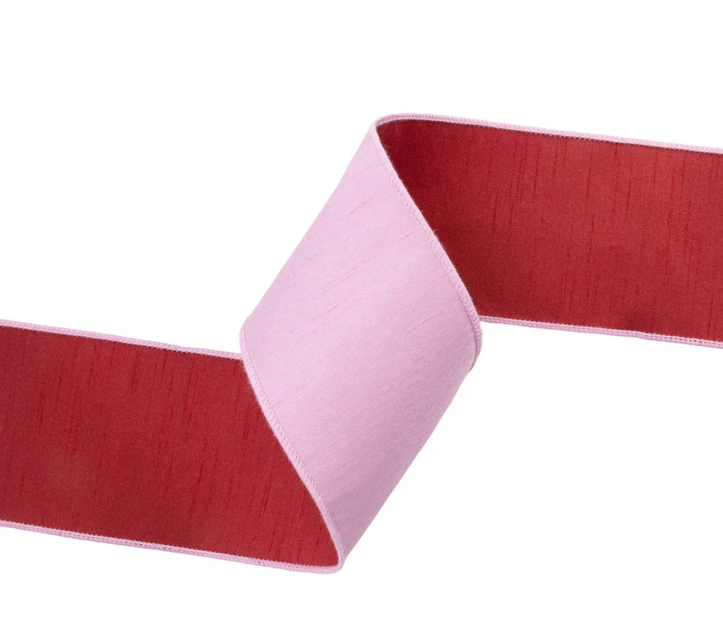 4" Wired Double-fused Dupioni Ribbon | Red/Lt Pink | 10 Yard Roll