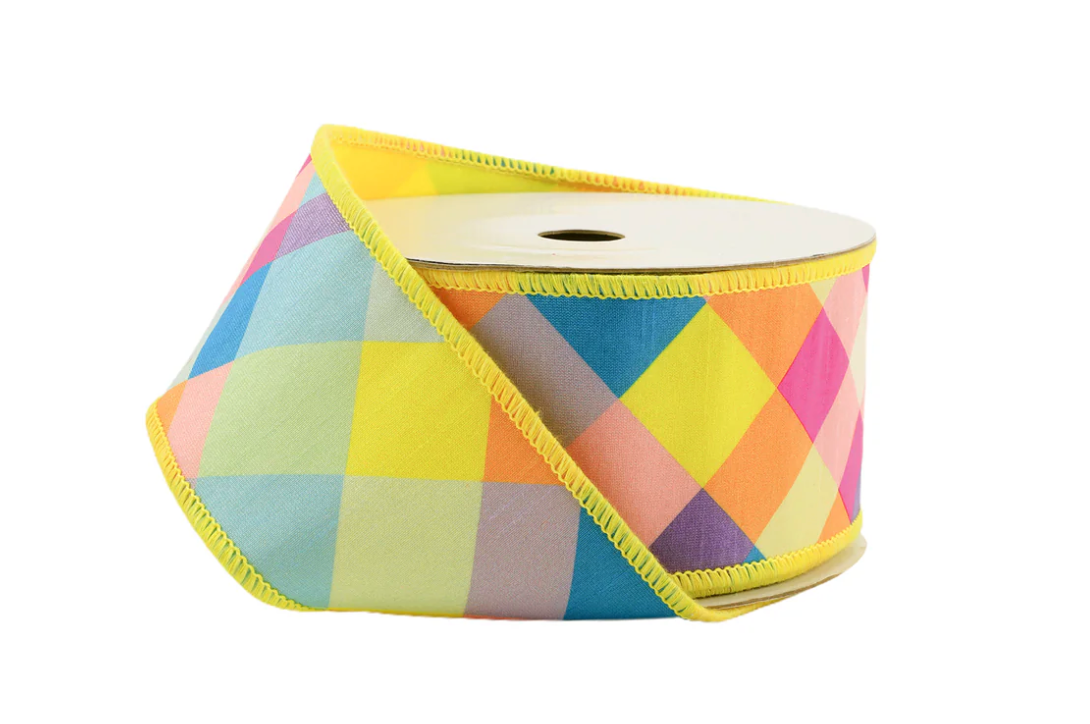 4" Wired Dupioni Ribbon | Bias Plaid Yellow/Multi w/ Taffeta Fused Back | 10 Yard Roll