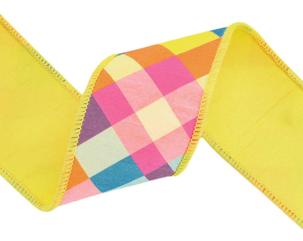 4" Wired Dupioni Ribbon | Bias Plaid Yellow/Multi w/ Taffeta Fused Back | 10 Yard Roll
