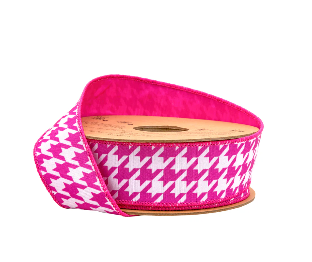 1 1/2" Wired Dupioni Ribbon | Pink/White Herringbone w/ Pink Backing | 10 Yard Roll