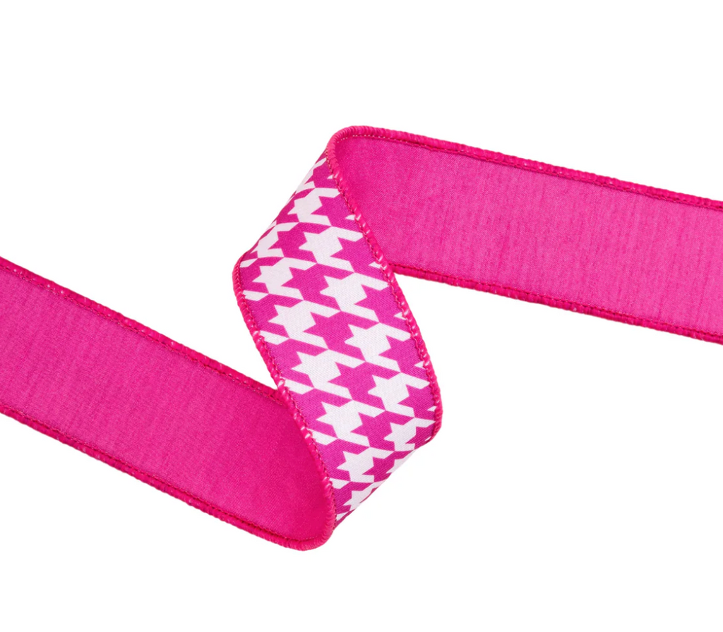 1 1/2" Wired Dupioni Ribbon | Pink/White Herringbone w/ Pink Backing | 10 Yard Roll