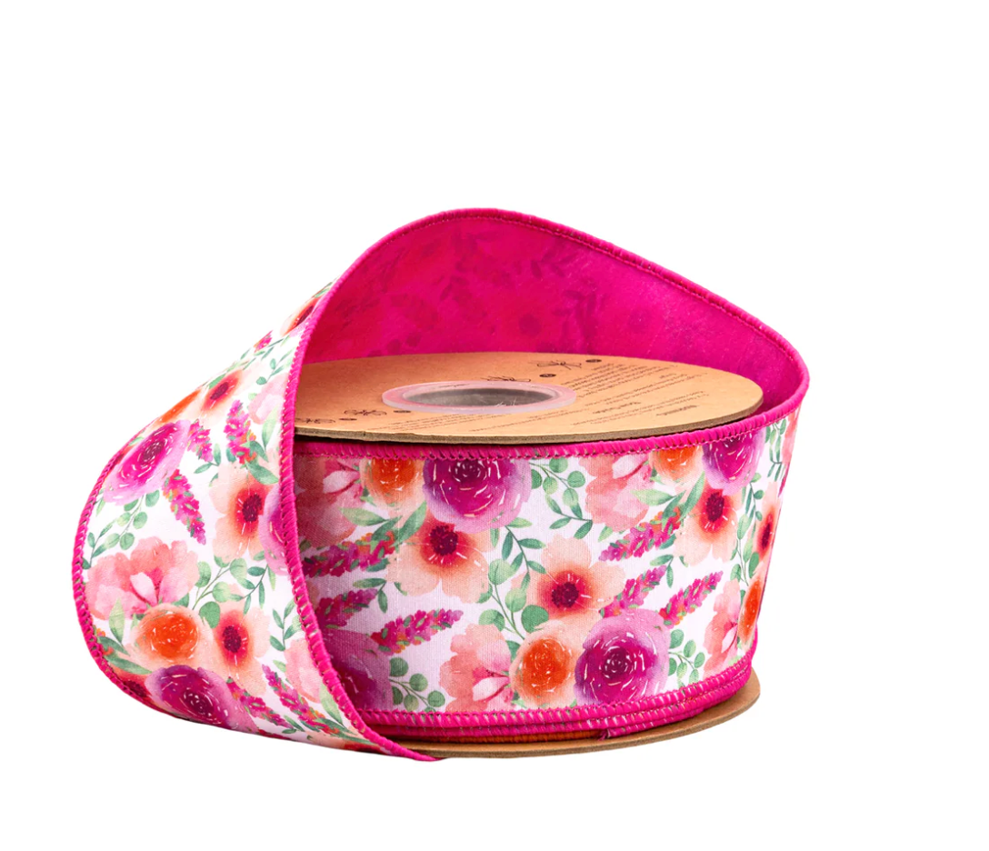 2 1/2" Wired Dupioni Ribbon | Bright Floral Bouquet w/ Pink Backing | 10 Yard Roll