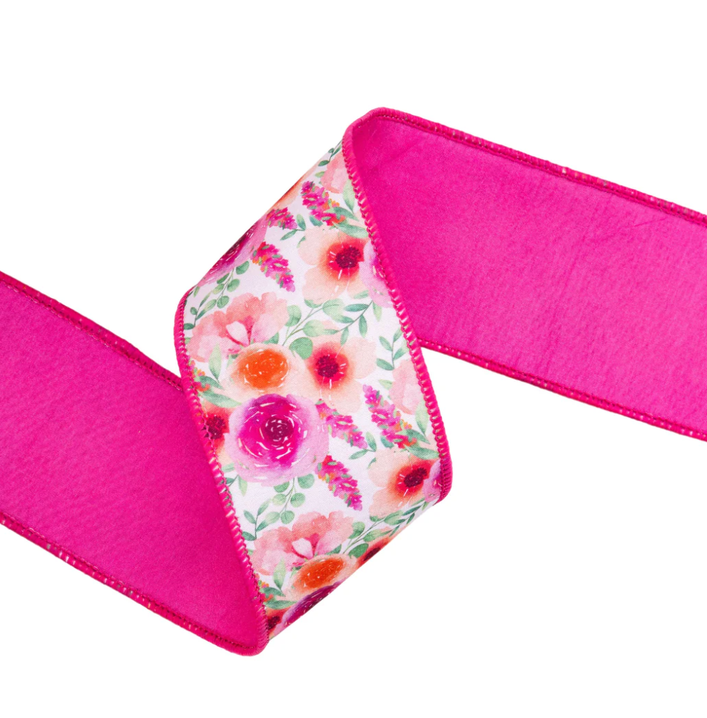 2 1/2" Wired Dupioni Ribbon | Bright Floral Bouquet w/ Pink Backing | 10 Yard Roll