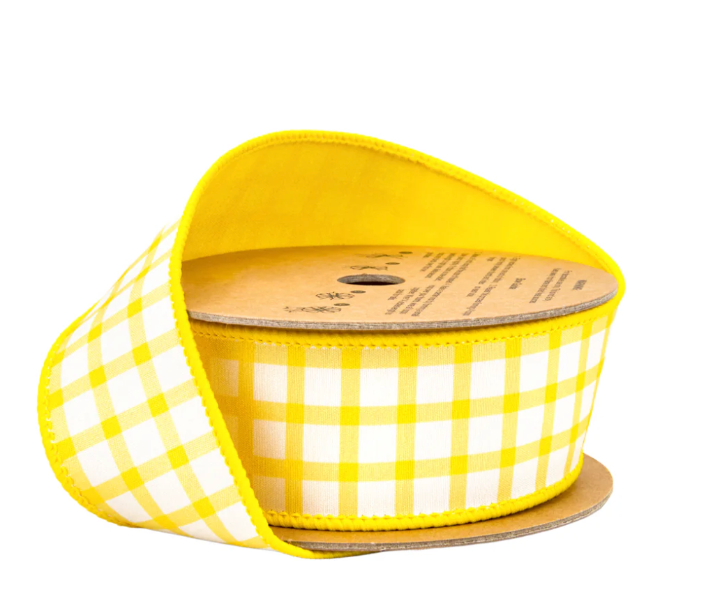 1 1/2" Wired Dupioni Ribbon | Yellow/White Check w/ Yellow Backing | 10 Yard Roll