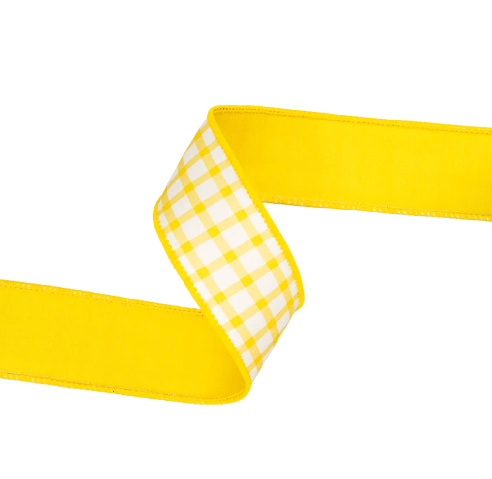 1 1/2" Wired Dupioni Ribbon | Yellow/White Check w/ Yellow Backing | 10 Yard Roll