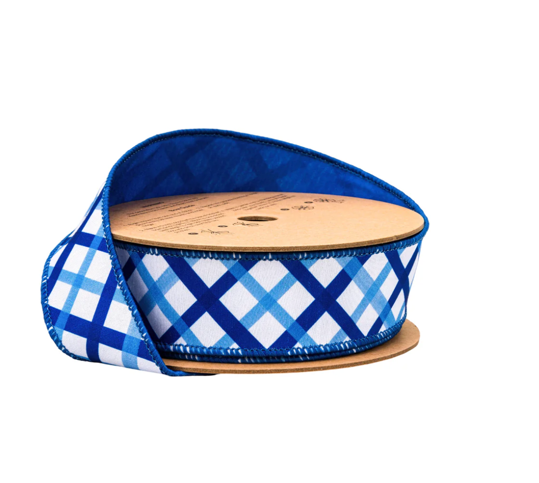 1 1/2" Wired Dupioni Ribbon | Blue and White Decorative Stripe w/ Blue Backing | 10 Yard Roll