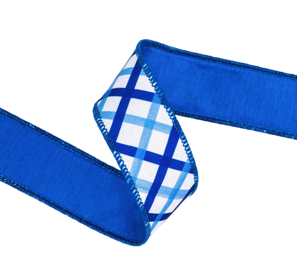1 1/2" Wired Dupioni Ribbon | Blue and White Decorative Stripe w/ Blue Backing | 10 Yard Roll