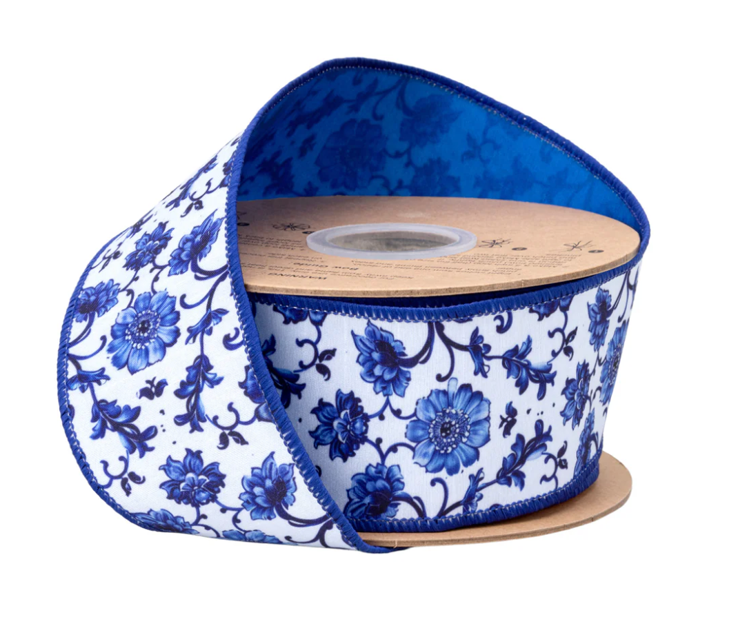 2 1/2" Wired Dupioni Ribbon | Blue and China Floral w/ Blue Backing | 10 Yard Roll