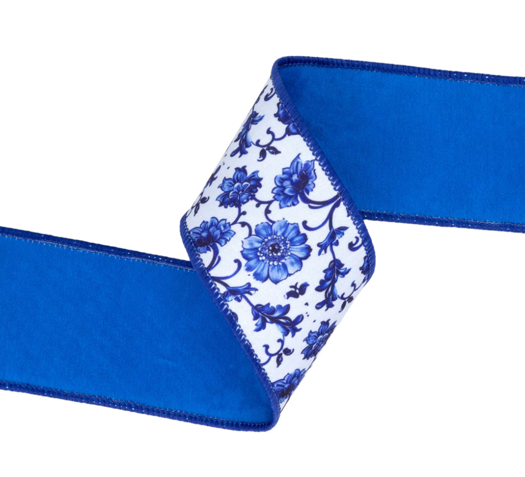 2 1/2" Wired Dupioni Ribbon | Blue and China Floral w/ Blue Backing | 10 Yard Roll