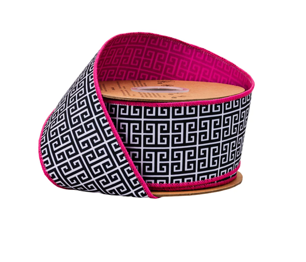 2 1/2" Wired Dupioni Ribbon | Black/White Greek Key Pattern w/ Pink Backing | 10 Yard Roll