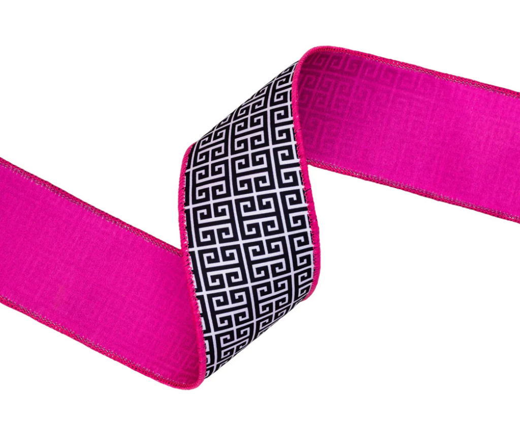 2 1/2" Wired Dupioni Ribbon | Black/White Greek Key Pattern w/ Pink Backing | 10 Yard Roll