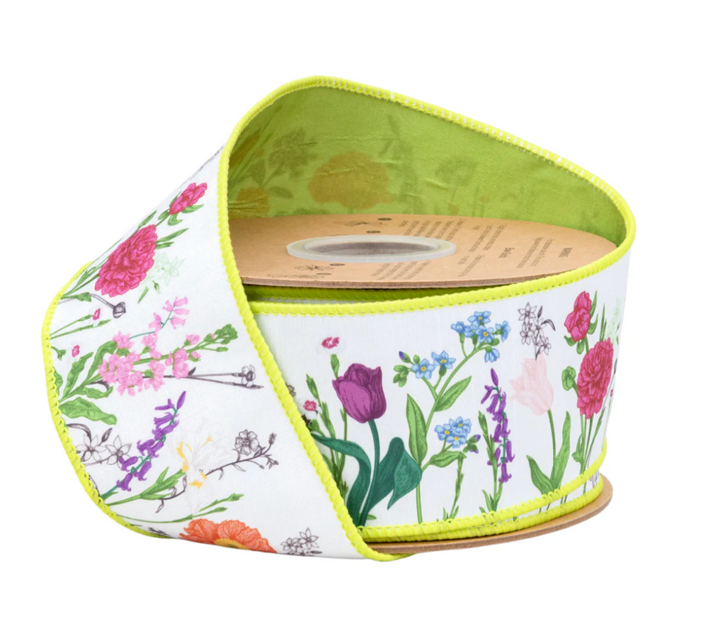 2 1/2" Wired Dupioni Ribbon | Horizontal Floral Stems w/ Green Backing | 10 Yard Roll