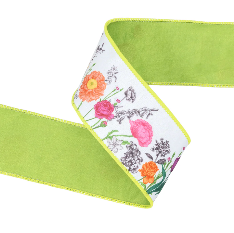 2 1/2" Wired Dupioni Ribbon | Horizontal Floral Stems w/ Green Backing | 10 Yard Roll
