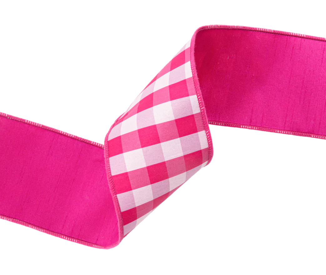 4" Wired Ribbon | Pink/White Medium Check w/ Pink Backing | 10 Yard Roll