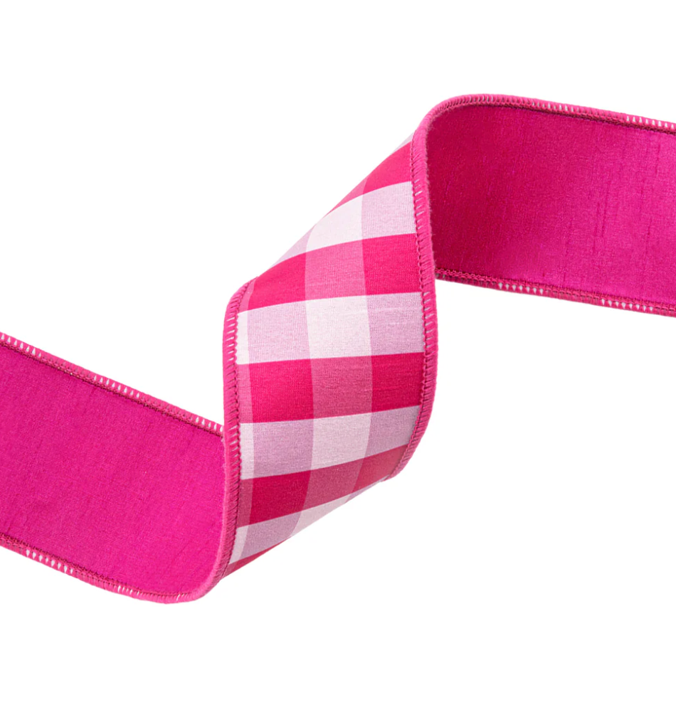 2 1/2" Wired Ribbon | Pink/White Medium Check w/ Pink Backing | 10 Yard Roll