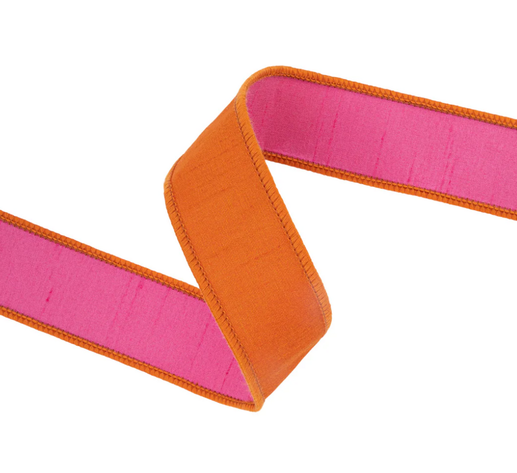 1 1/2" Wired Double-fused Dupioni Ribbon | Orange/Hot Pink | 10 Yard Roll