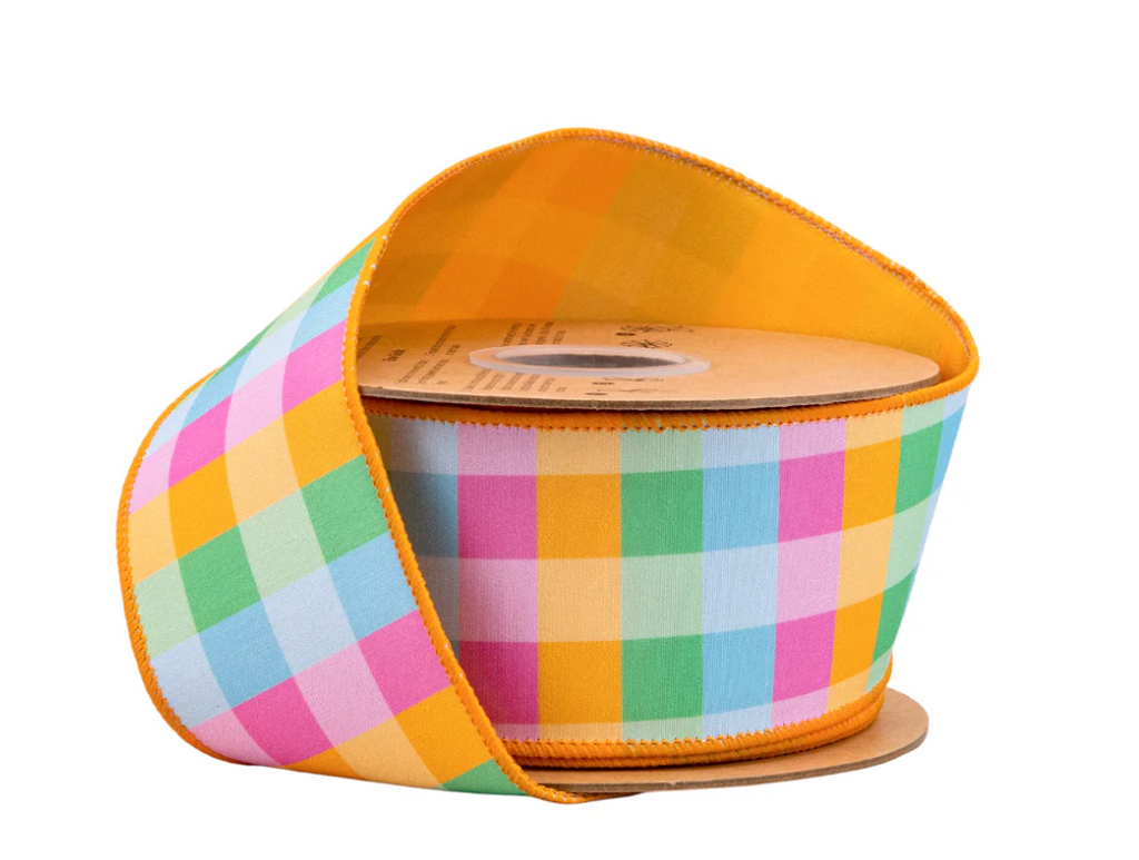 2 1/2" Wired Dupioni Ribbon | Bright Multi-Check w/ Yellow Backing | 10 Yard Roll