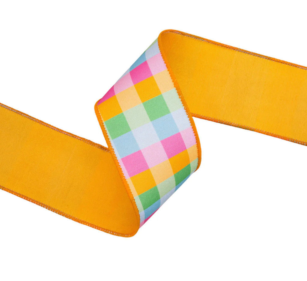 2 1/2" Wired Dupioni Ribbon | Bright Multi-Check w/ Yellow Backing | 10 Yard Roll
