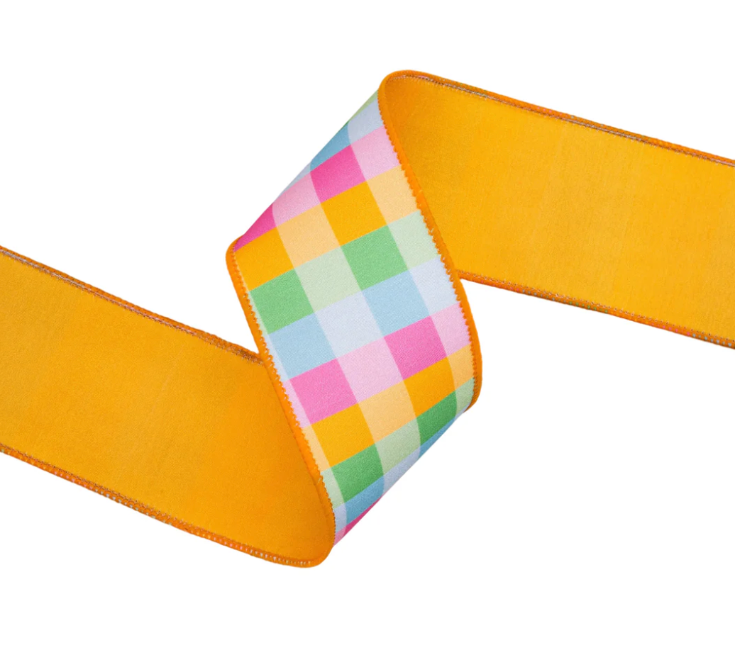2 1/2" Wired Dupioni Ribbon | Bright Multi-Check w/ Yellow Backing | 10 Yard Roll