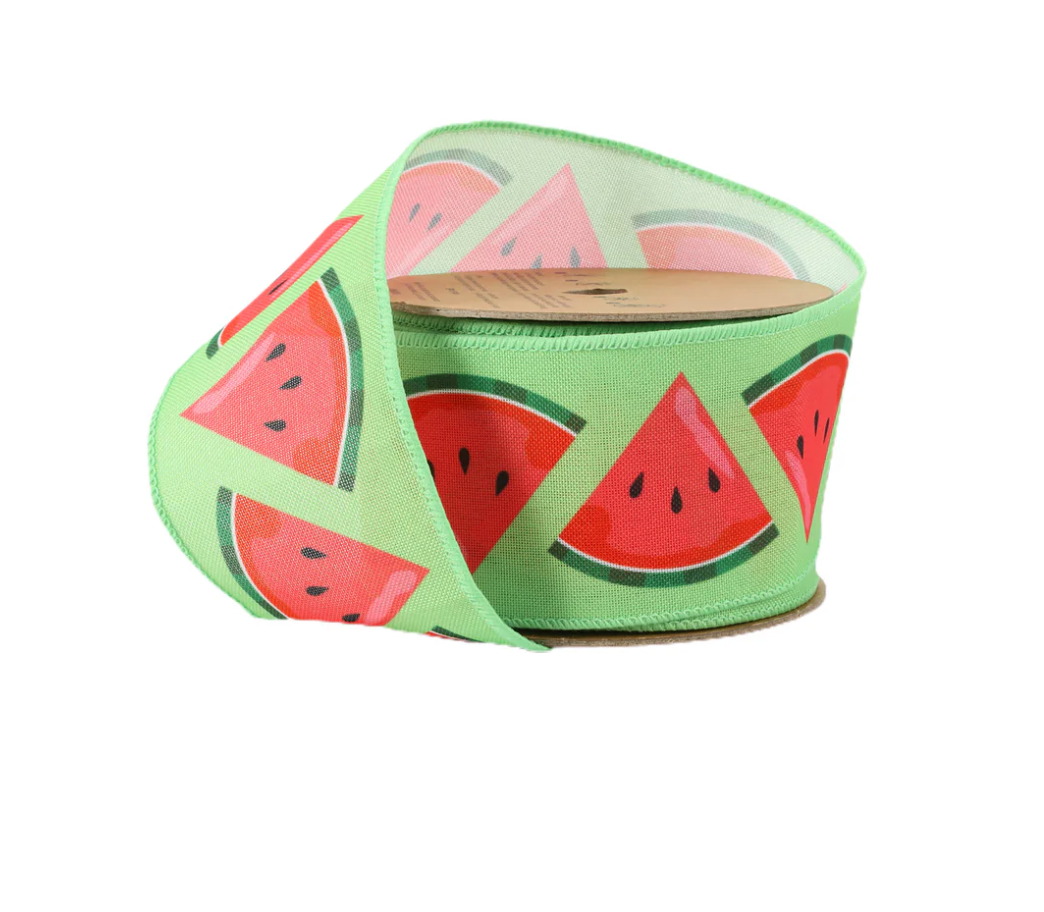 2 1/2" Wired Ribbon | Watermelon Slice on Green | 10 Yard Roll