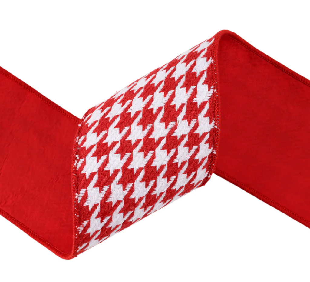 4" Wired Ribbon | Red/White Houndstooth w/ Double-Fused Red Tafetta Backing | 5 Yard Roll