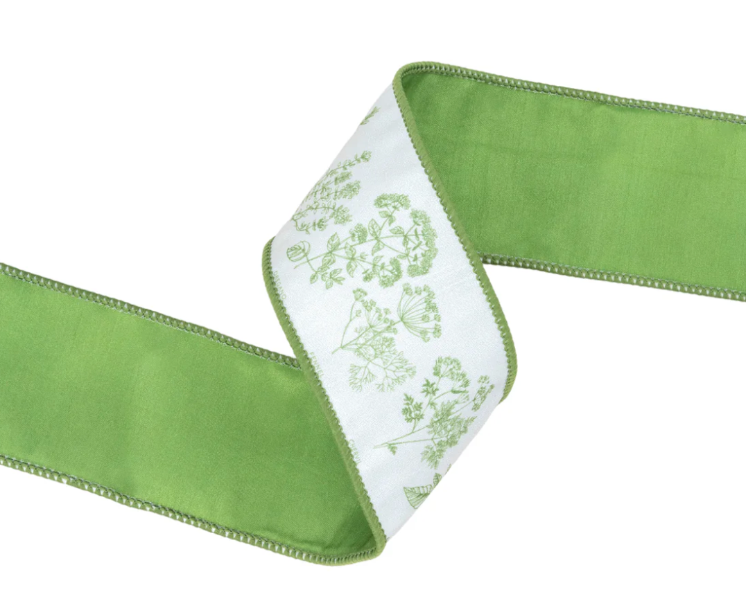 2 1/2" Wired Dupioni Ribbon | Herb Sprigs on White w/ Green Backing | 10 Yard Roll