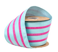 4" Wired Velvet Ribbon w/ Trim | Blue w/ Pink Trim | 10 Yard Roll