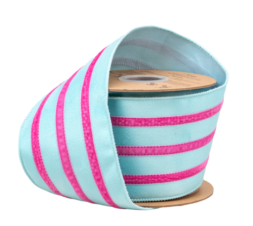 4" Wired Velvet Ribbon w/ Trim | Blue w/ Pink Trim | 10 Yard Roll