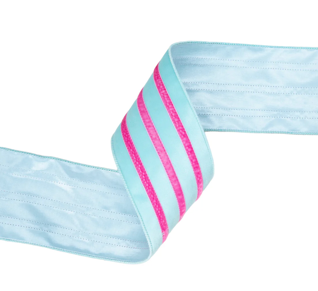 4" Wired Velvet Ribbon w/ Trim | Blue w/ Pink Trim | 10 Yard Roll