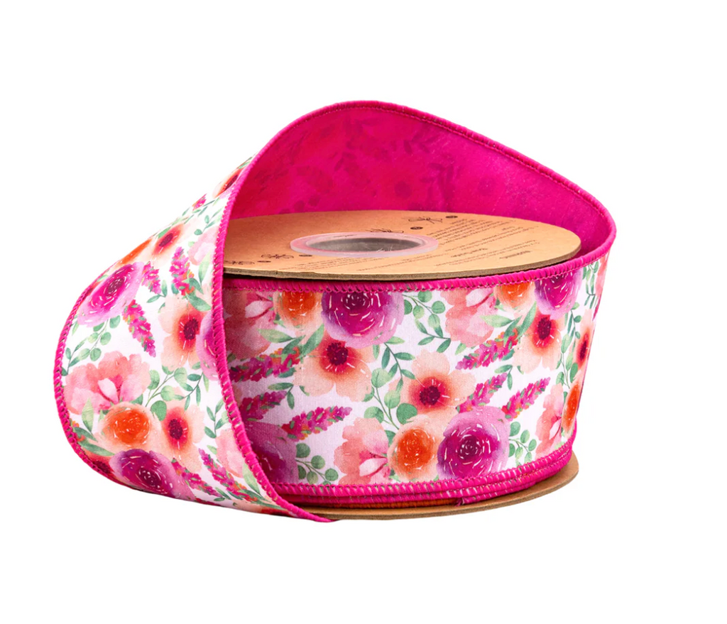 2 1/2" Wired Dupioni Ribbon | Bright Floral Bouquet w/ Pink Backing | 10 Yard Roll